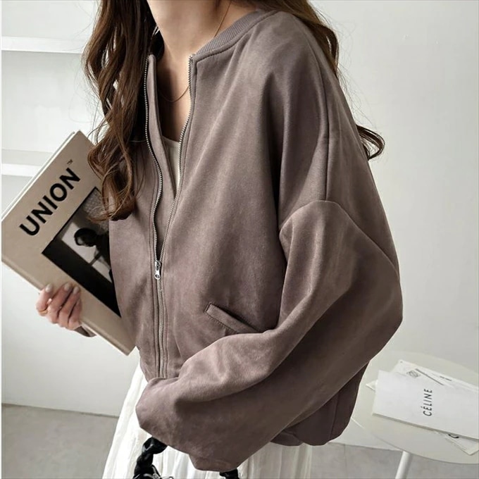 フェイクスエード ボリューム袖 ジップ ブルゾン レディース 長袖 オーバーサイズ 上品 あったか 暖か アウター 大人 きれいめ t02
