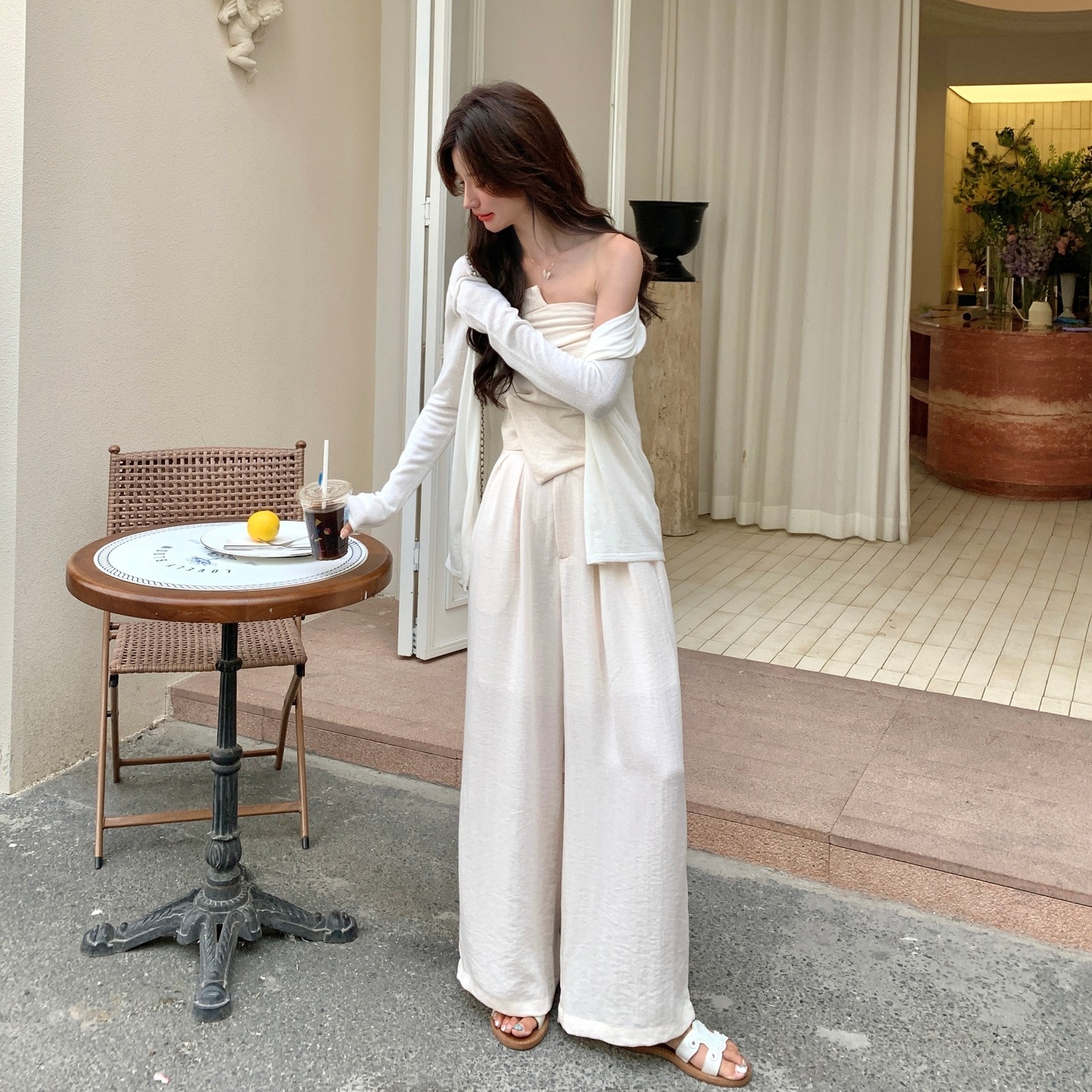 セットアップ 3点セット レディース レース 春服 夏 チューブトップ+カーディガン+ワイドパンツ おしゃれ 韓国ファッション きれいめ