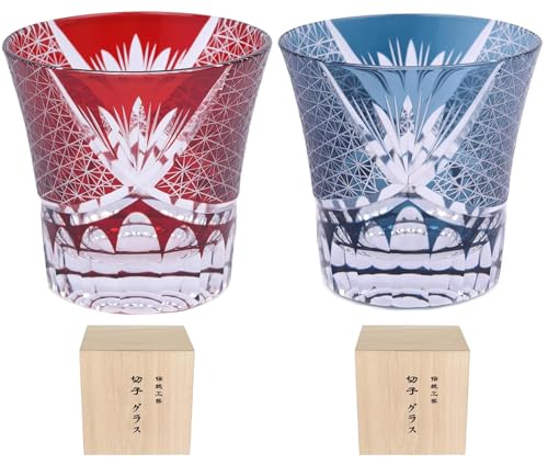 色：赤+青 切子 グラス 日本酒グラス 260ml 菊つなぎ 文様 ロック 焼酎グラス 退職祝い 結