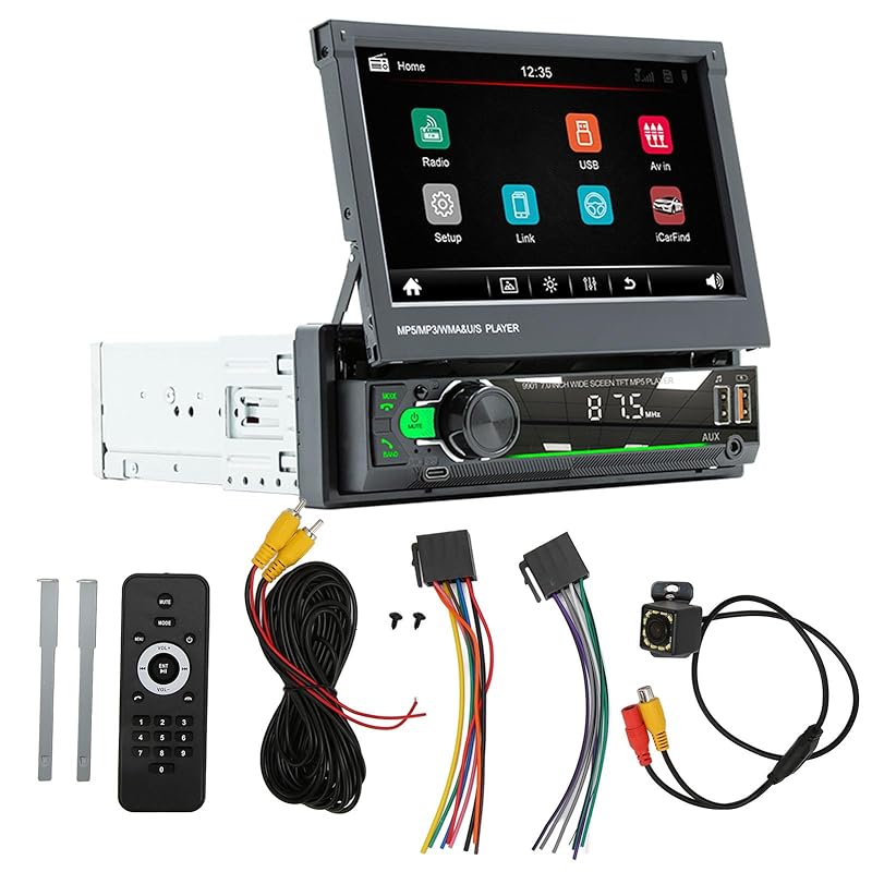 シングルディンカーステレオ7インチ格納式タッチスクリーンカーラジオBluetooth 5.1車両オーディオレシーバー12LEDバックアップカメラCarplay付きAndroid用自動ミラーリンク