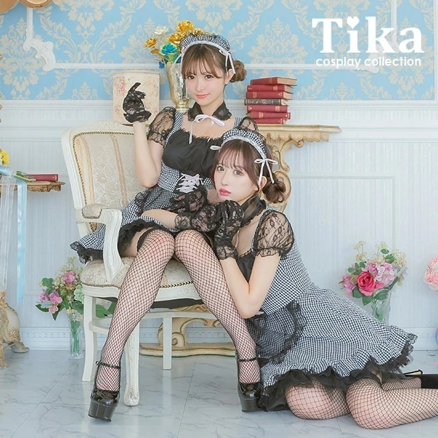 ハロウィンコスプレ メイド服 3点セット 襟 ミニ ワンピース カチューシャ ギンガムチェック 衣装 黒 白 半袖 ミニスカ ウエイトレス メイド 激安 エロ セクシー キャバ 大人 レディース コス