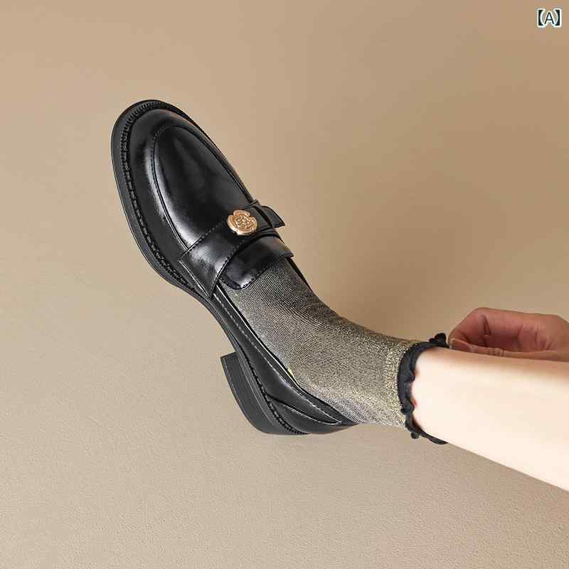 ローファー レディース 通学 通勤 学生 カレッジ 仕事 オフィス フレンチ レトロ 椿 革 黒 ラウンドトゥ 厚手 ヒール 小さい 革靴 ベルベット ローヒール シングル シューズ 女性用