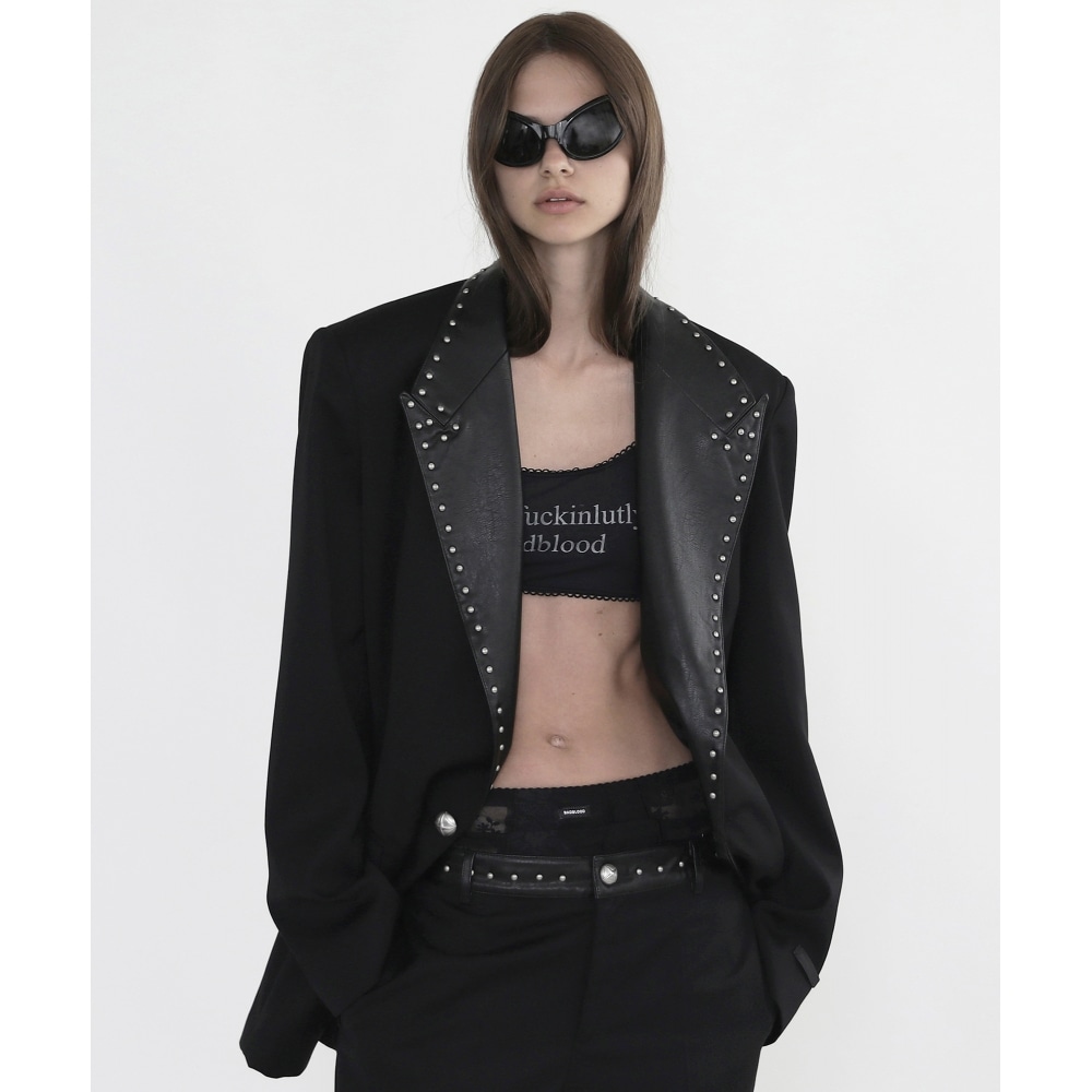 BADBLOOD スタッズ付きレザーミックスブレザーラージフィット-ブラック (レザー)