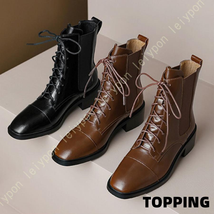 レディース レースアップブーツ 本革 ローヒール サイドジップ 編み上げブーツ ショートブーツ 柔らかい カジュアル 歩きやすい 編み上げ