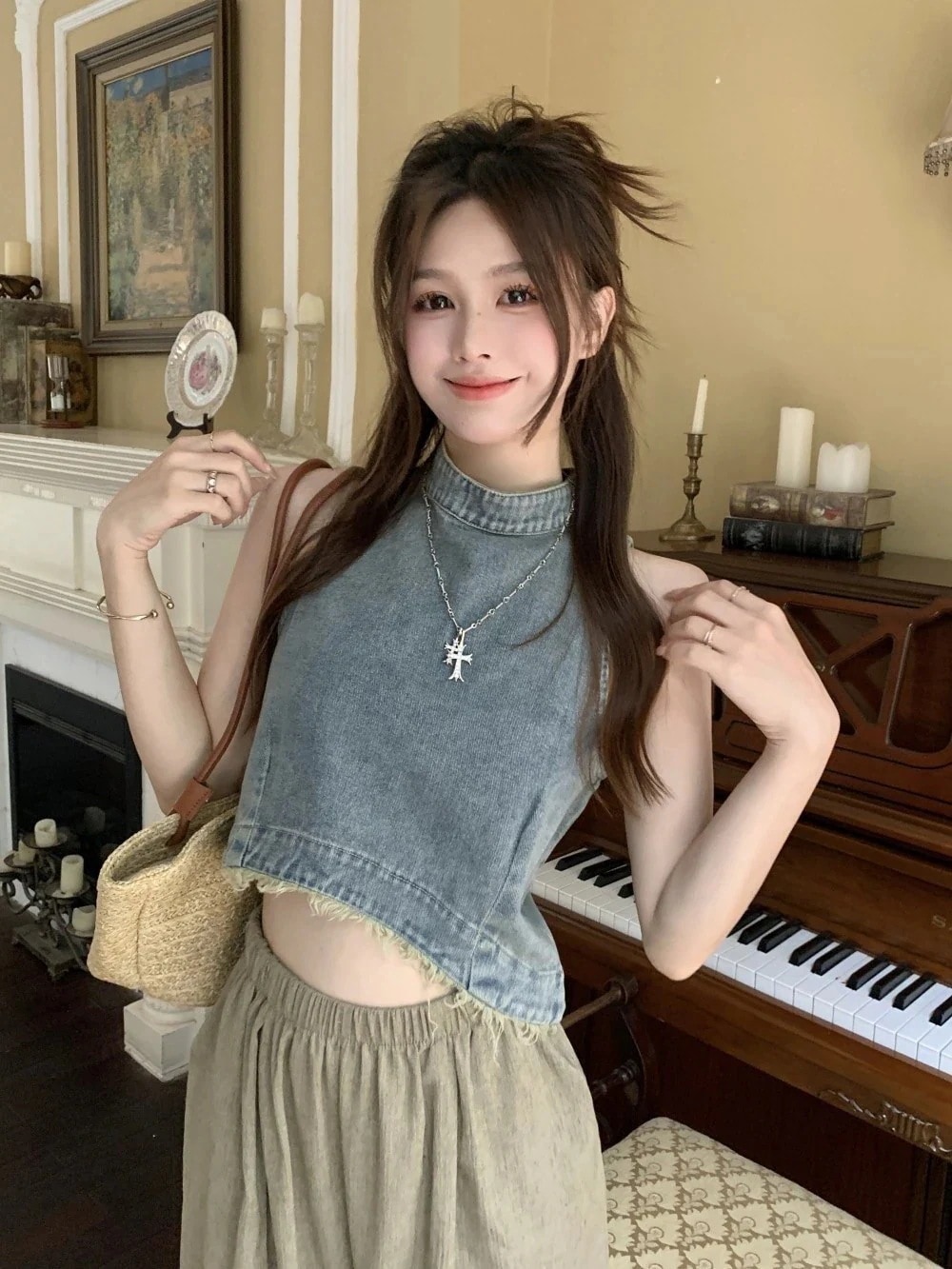 新作セクシーデニムノースリーブチョッキ シックショット丈tシャツ 韓国レトロタンクトップ