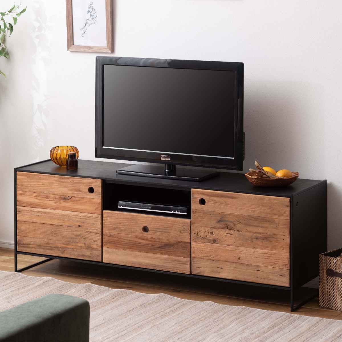ローボード テレビ台 ヴィンテージ調 パイン古材前板 幅145cm テレビボード TV台 TVボード テレビラック テレビ 収納 家具 天然木 古材 リビング収納 引き出し ラック 開梱設置