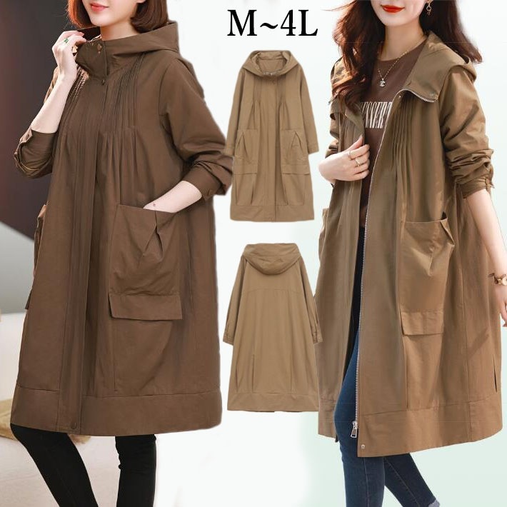 マウンテンパーカー　レディース アウター　コート　スプリングコート　ジャケット　ライトアウター　フード ビッグシルエット スタンドカラー　プリーツ　羽織り　秋冬　M L 2L 3L　4L