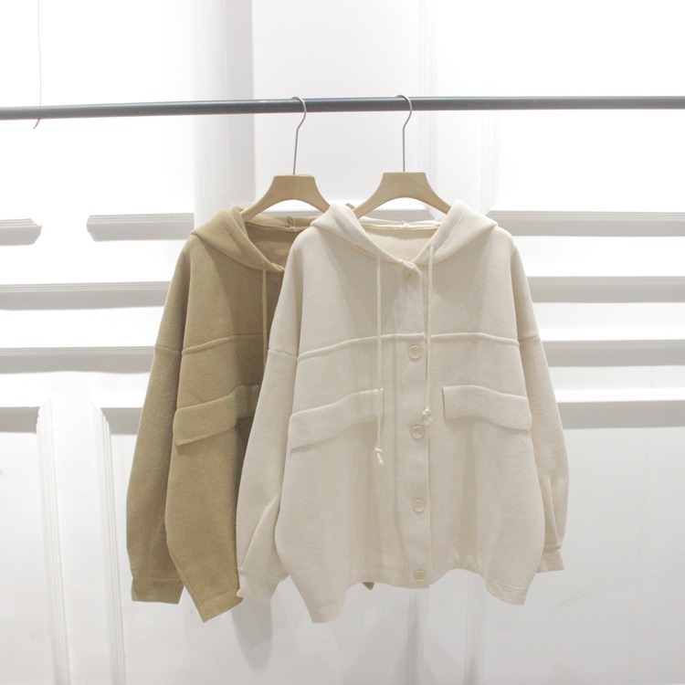 韓国の秋と冬の新しいゆったりシングルブレストフード付きドローストリングセーターセーターミドル丈カーディガンジャケットレディース厚手