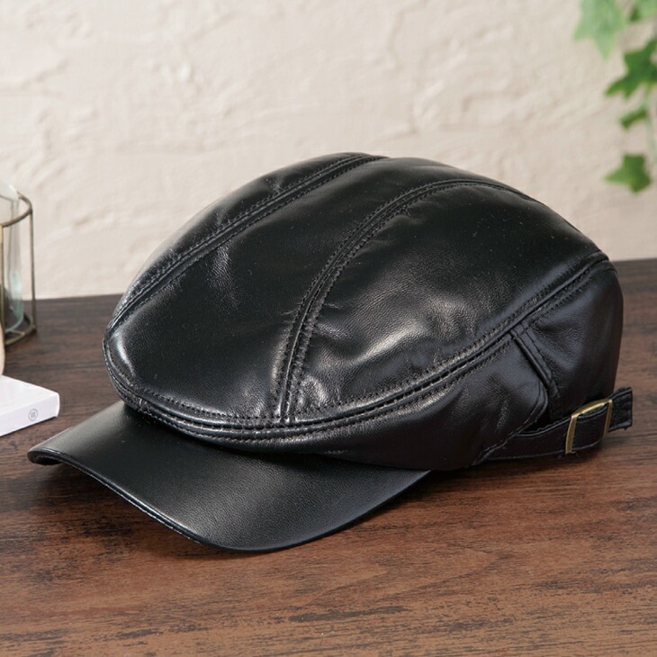 羊革レザー 選べるレザーキャップ　ブラック ハンチング/キャップ