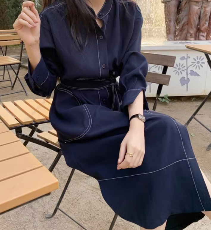 ワンピース デート モテアイテム シャツワンピース ロング丈 袖あり ウエストデザイン コットン ステッチ ポケット きれいめ シンプル 大人 上品 おしゃれ レトロ 大人可愛い 大人女子 クール