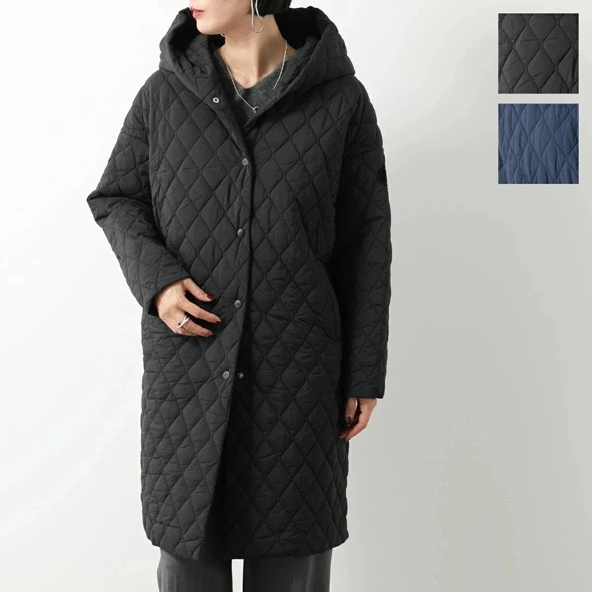 DUNO デュノ キルティングコート SIREN サイレン SULMONA レディース フーテッド パテッドコート セミロング丈 フロッキープリントDロゴ カラ