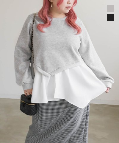 大きいサイズ レディース LL 3L 4L XL XXL XXXL シャツレイヤード風ペプラムスエットプルオーバー