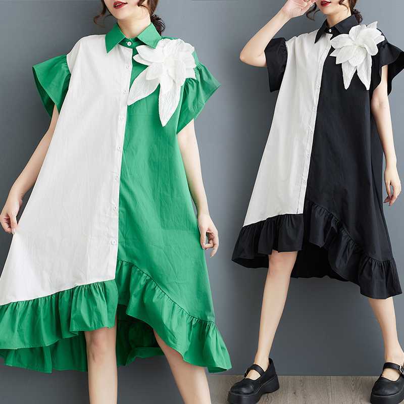 「ファットガール」 2024夏新品 ドッキングワンピース 大きいサイズ 花飾り 半袖 体型カバー フリル レディース ワンピース メガ割30%までに制限