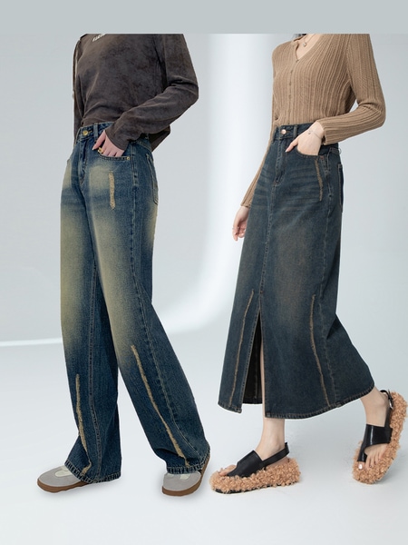 LIERKISS 【フリンジデニムシリーズ】ハイコットン切りっぱなしデザインスリットデニムシリーズ 7-B