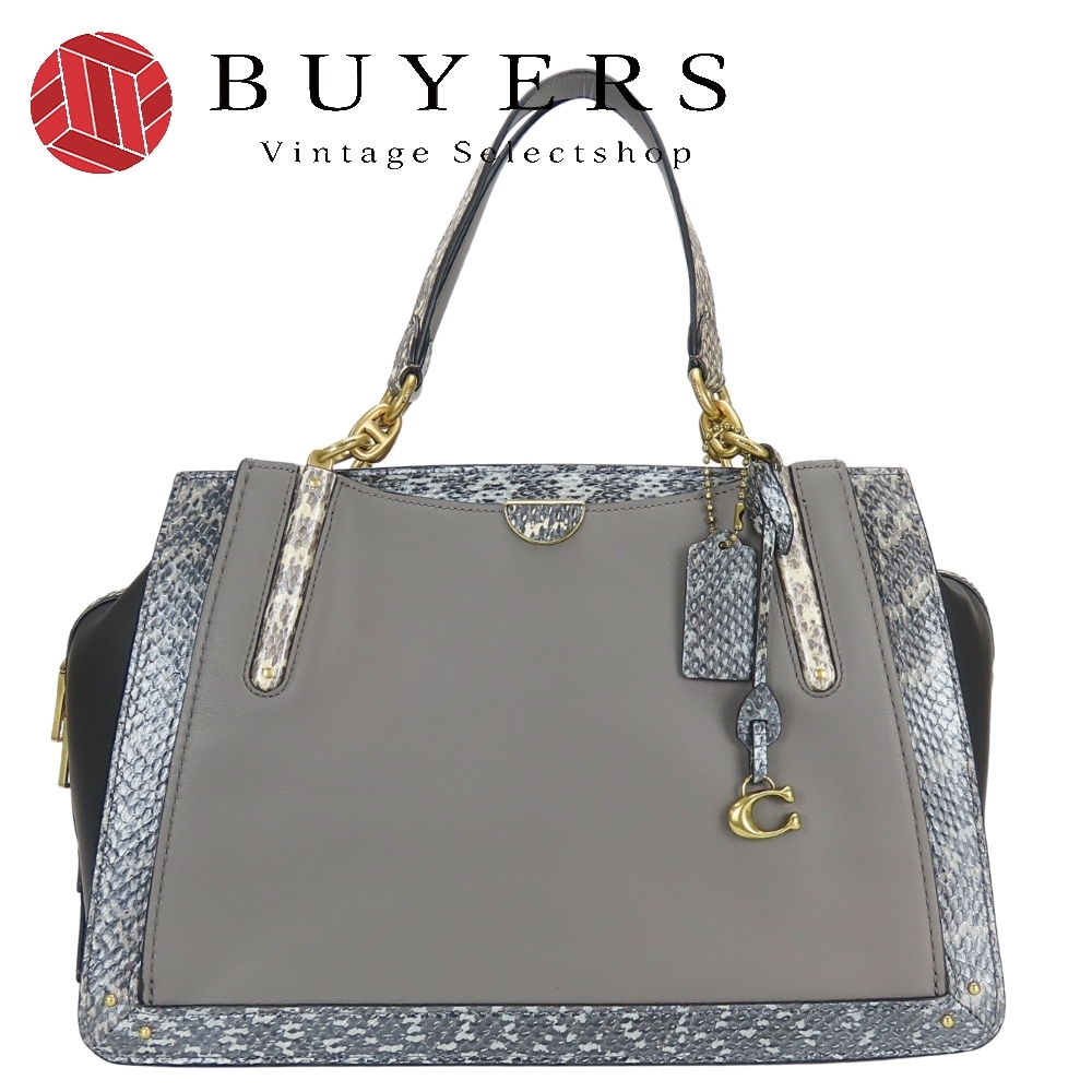中古 トートバッグ 76459 レザー グレー ブラック ゴールド金具 2WAY パイソン ショルダー チャーム付き レディース 女性