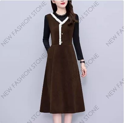 大きいサイズの婦人服太めmmミディアム丈秋冬新作長袖ワンピース-65