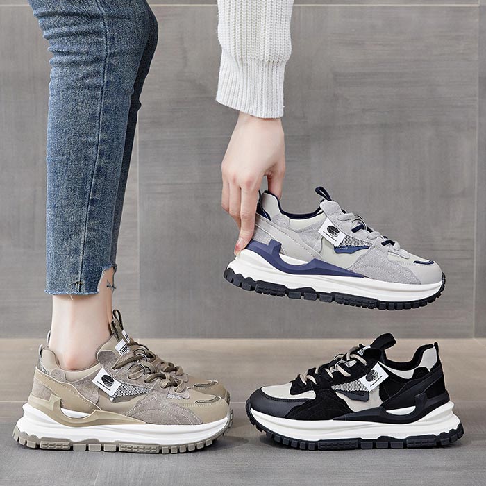 スニーカー レディース レースアップ 脚長 厚底 トレンド ダッドスニーカー ブラック ベージュ カーキ グリーン 4cmソール 5,225円