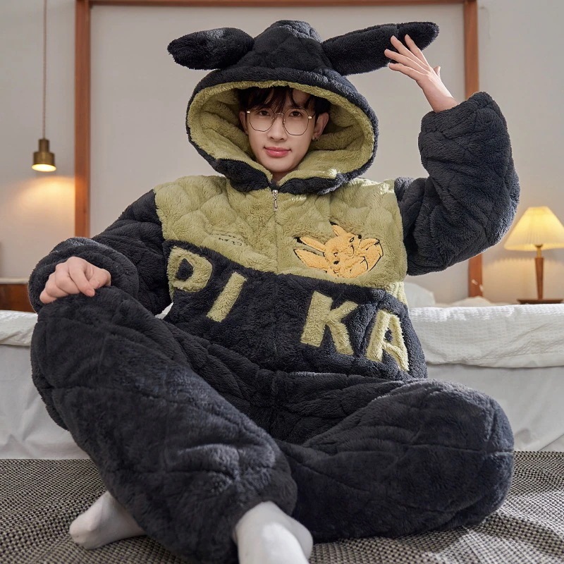 通学 2024パジャマ男性冬珊瑚絨毯厚手加絨毯三層綿連帽保温部屋着セット 保育園 小学部