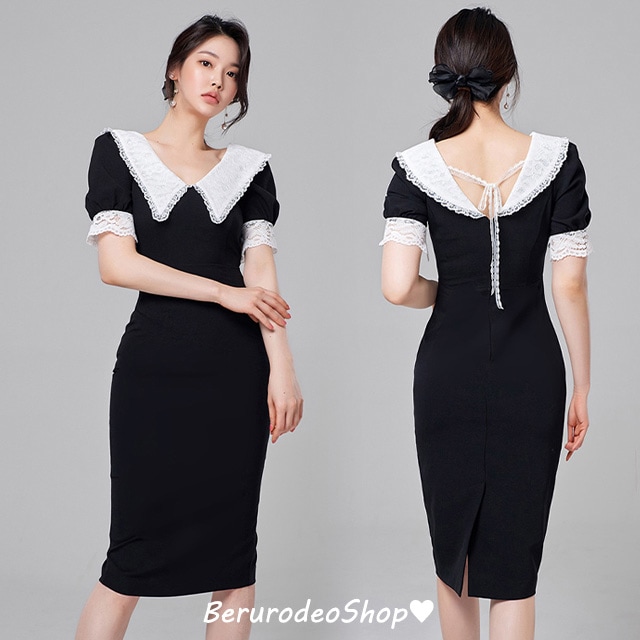 タイトワンピース 黒 折り襟 レース キレイめ 韓国風ワンピース 結婚式 お呼ばれドレス ブラック レース襟 オシャレ 優雅 エレガント お嬢様 デート お出かけ ロングワンピース ドレス 夏 S M