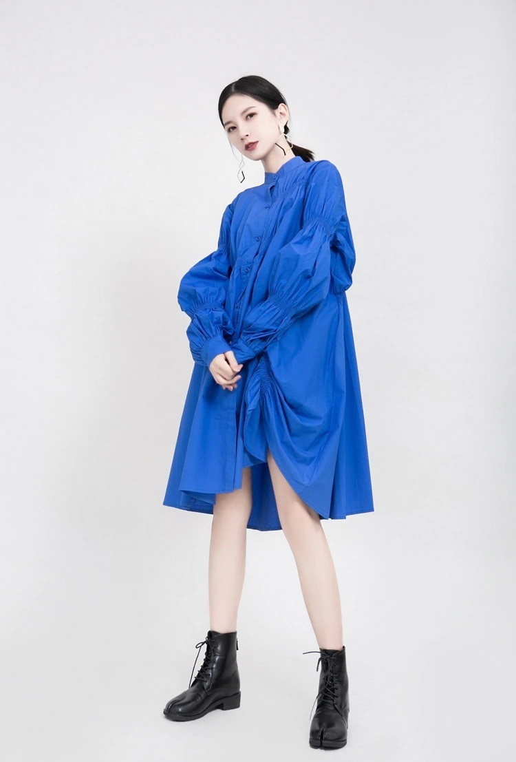 ワンピース シャツワンピース スタンドカラー パフスリーブ プリントスカート 長袖 無地 春 ステッチ ブルー ホワイト ブラック フリーサイズ プルオーバー ワンピドレス 膝丈 ひざ丈 膝上 袖あり 7,007円