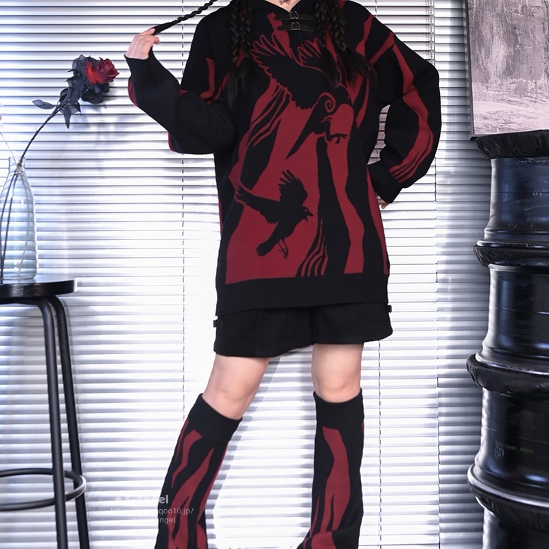 レディースパーカー ニットパーカー 長袖 フード付き 黒赤 セーター バックル飾り チャイナ風トップス オリジナル黯鴉集ジャガード ゆったり かっこいい 個性的 レッグウォーマーセット