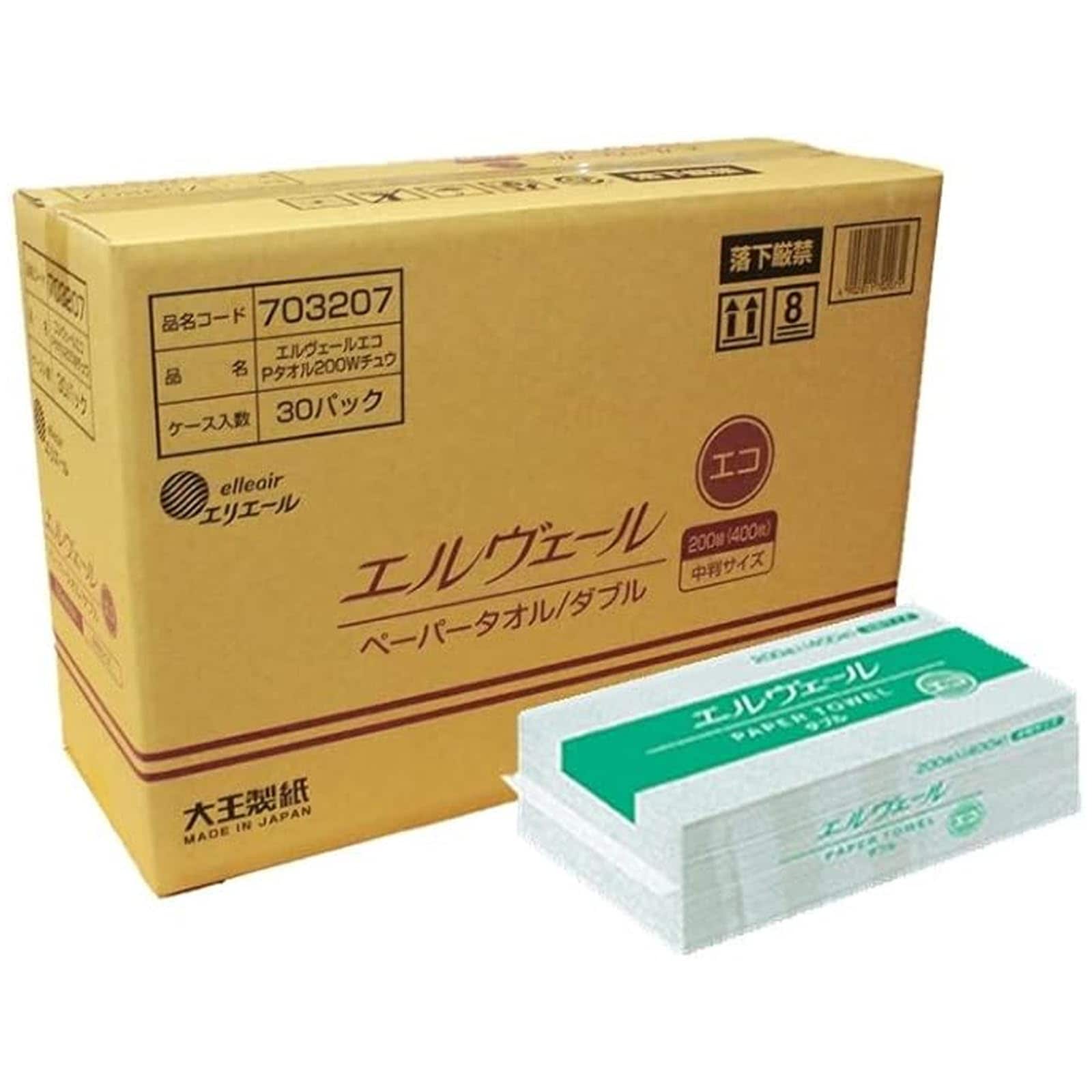 エリエール 【ケース販売】エルヴェール ペーパータオル エコダブル 中判 200組(400枚)×30袋 白