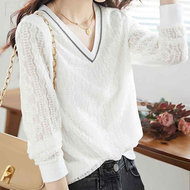 レディース トップス Vネック レース 清楚感 レイヤード シャツ 着回し 秋 スタイリッシュ 韓国ファッション 長袖 フレンチ 大人カジュアル