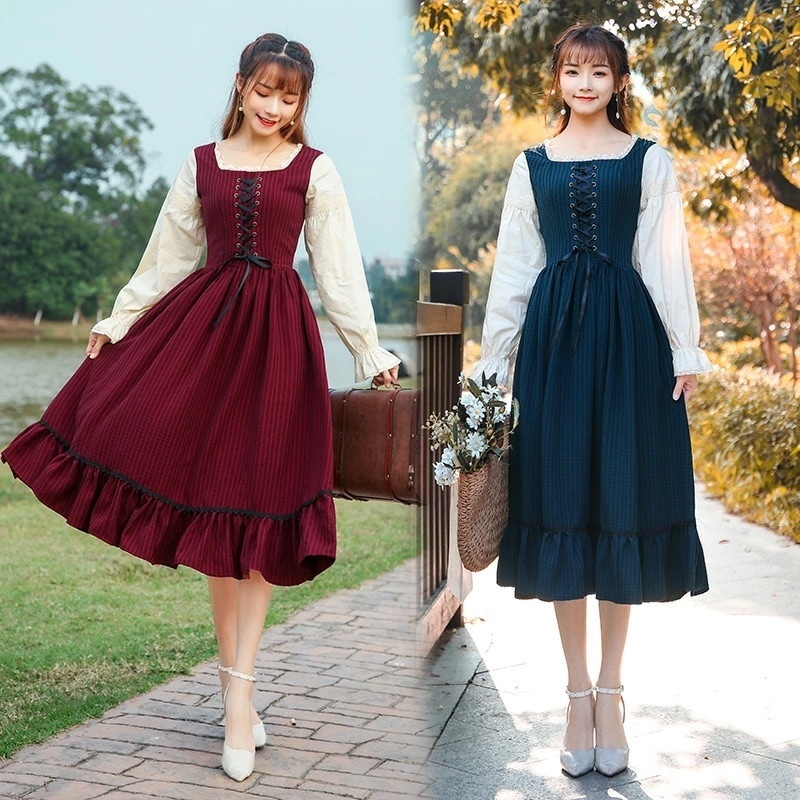 【新作登場 最安値】ストライプ ロリータワンピース ロリータ服 長袖ワンピースプリンセスドレス ミモレ丈ワンピ お嬢様 フリル 可愛いコスチューム ゴスロリ コスプレ衣装 舞台衣装 文化祭 学園祭 イ