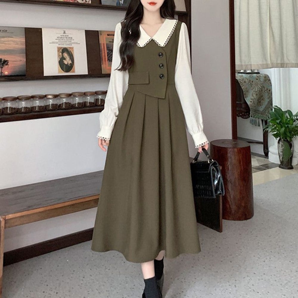 入学式 ワンピース 長袖 レディース 春秋 韓国 清楚 上品 ワンピ フェミニン フォーマル ロングワンピース レイヤード ブラウス 着やせ 40代 50代