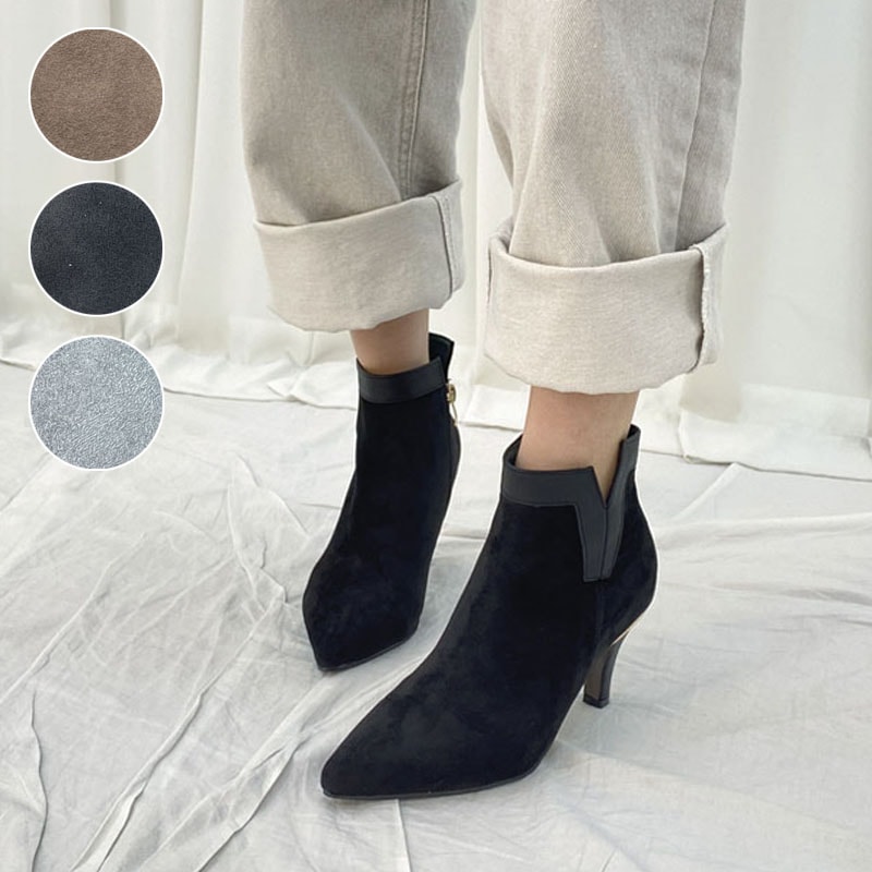 コンビ素材 女性らしい雰囲気の Vカット ファスナー付き ポインテッドトゥ ショートブーツ 3color