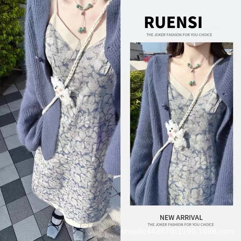 ハイエンドのカスタマイズ-秋のデザイン甘い花柄ワンピース2点セット優しい気質老化防止アウターニットカーディガンレディーススーツ