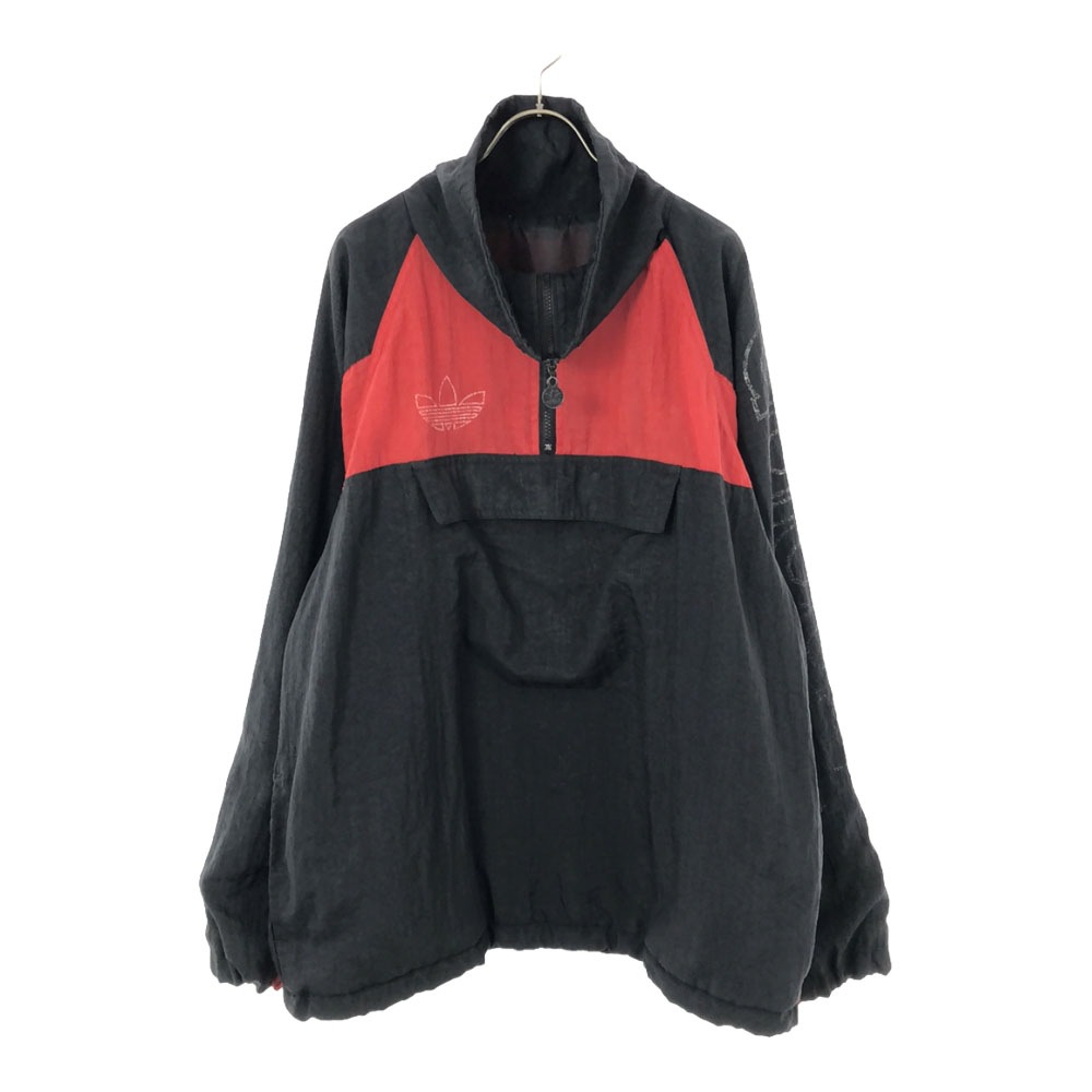 トレフォイルロゴプリント ハイネックアノラック ジャケット ブラック×レッド ハーフジップ プルオーバー オールド メンズ