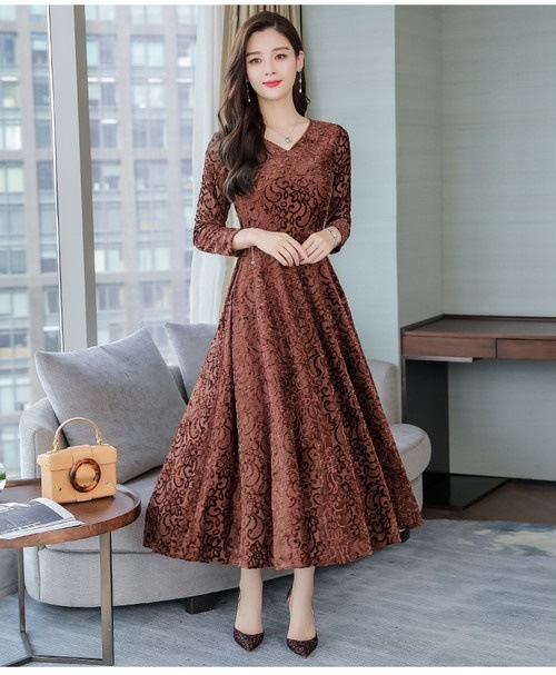 A1097.Vネック刺繍フレアワンピース（ブラウン）2019 春夏 sale ドレス エレガント お呼ばれ 結婚式 披露宴 パーティー 女子会 レストラン デート