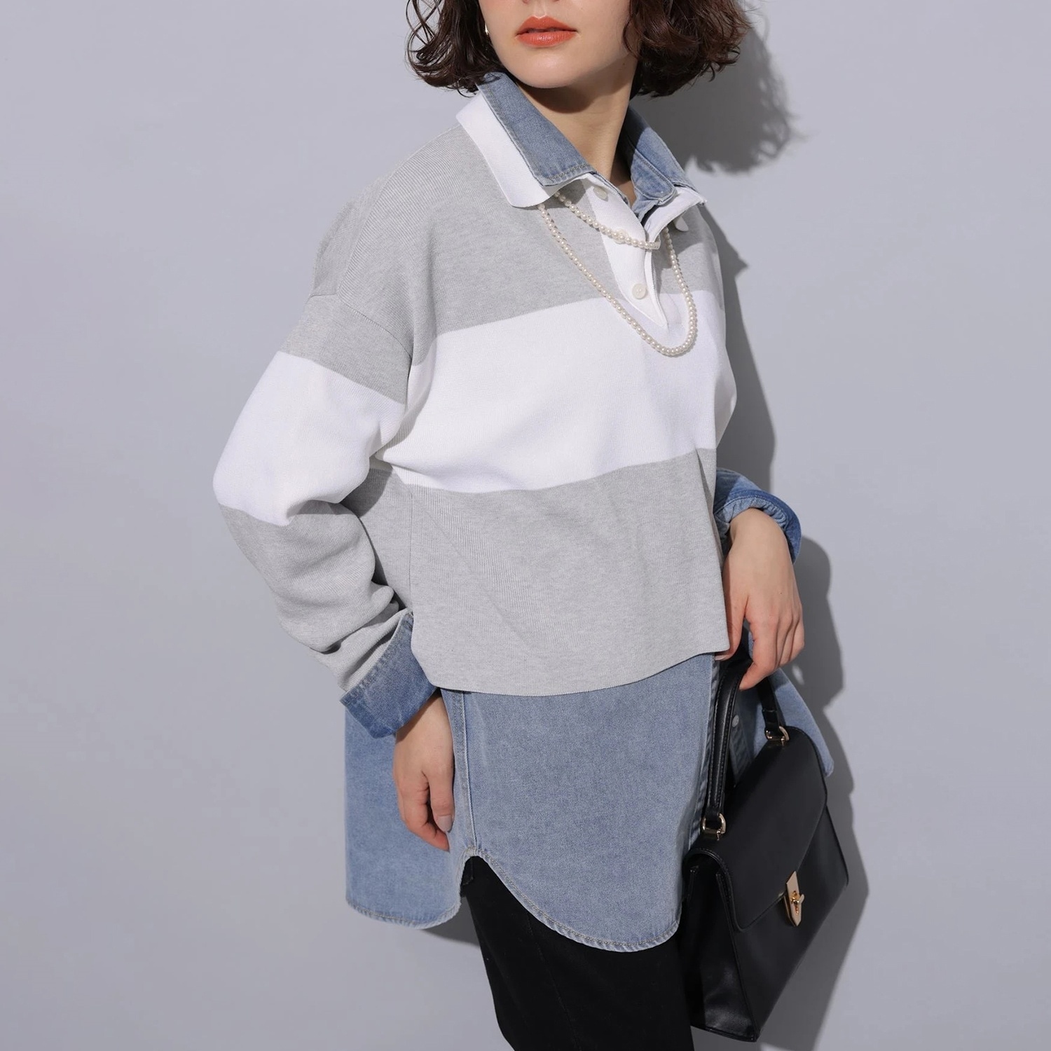 トップス ポロシャツ 長袖 襟付き ハーフボタン プルオーバー ショート丈 かわいい 大人可愛い きれいめ シンプル 上品 おしゃれ かっこいい カジュアル ラフ こなれ感 個性的 主役級 存在感