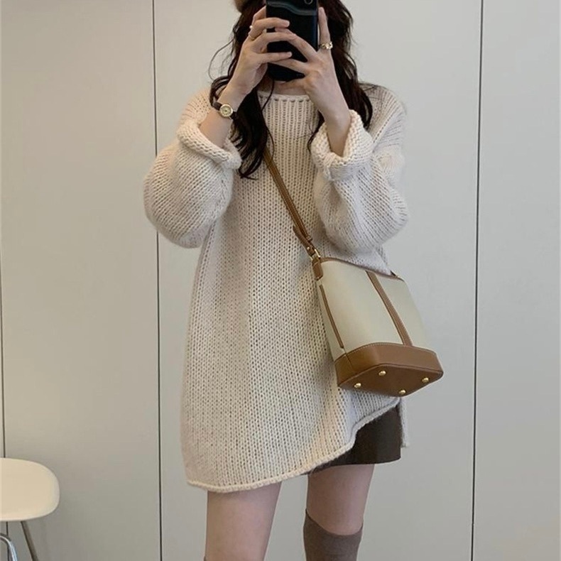 レディース トップス ニット セーター プルオーバー ロング 長袖 ボートネック オーバーサイズ フェミニン ストリート スリット サイドスリット かわいい 大人可愛い シンプル カジュアル