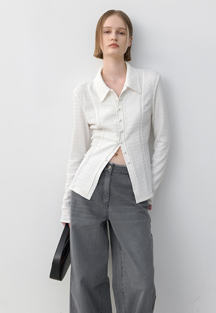 BL-4295 無地 長袖 ボタン シャツ・ブラウス [2カラー]