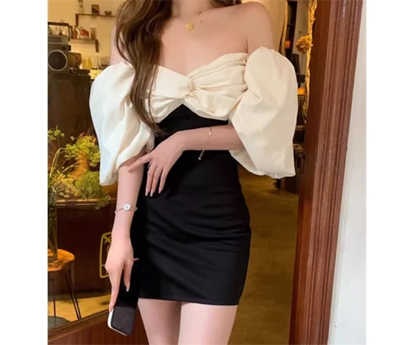 レディース ドレス パーティードレス ナイトドレス キャバドレス パーティー キャバ ミニ ショート 半袖 オフショル タイト スリム 細身 切り替えデザイン ドッキング ファスナー 可愛い
