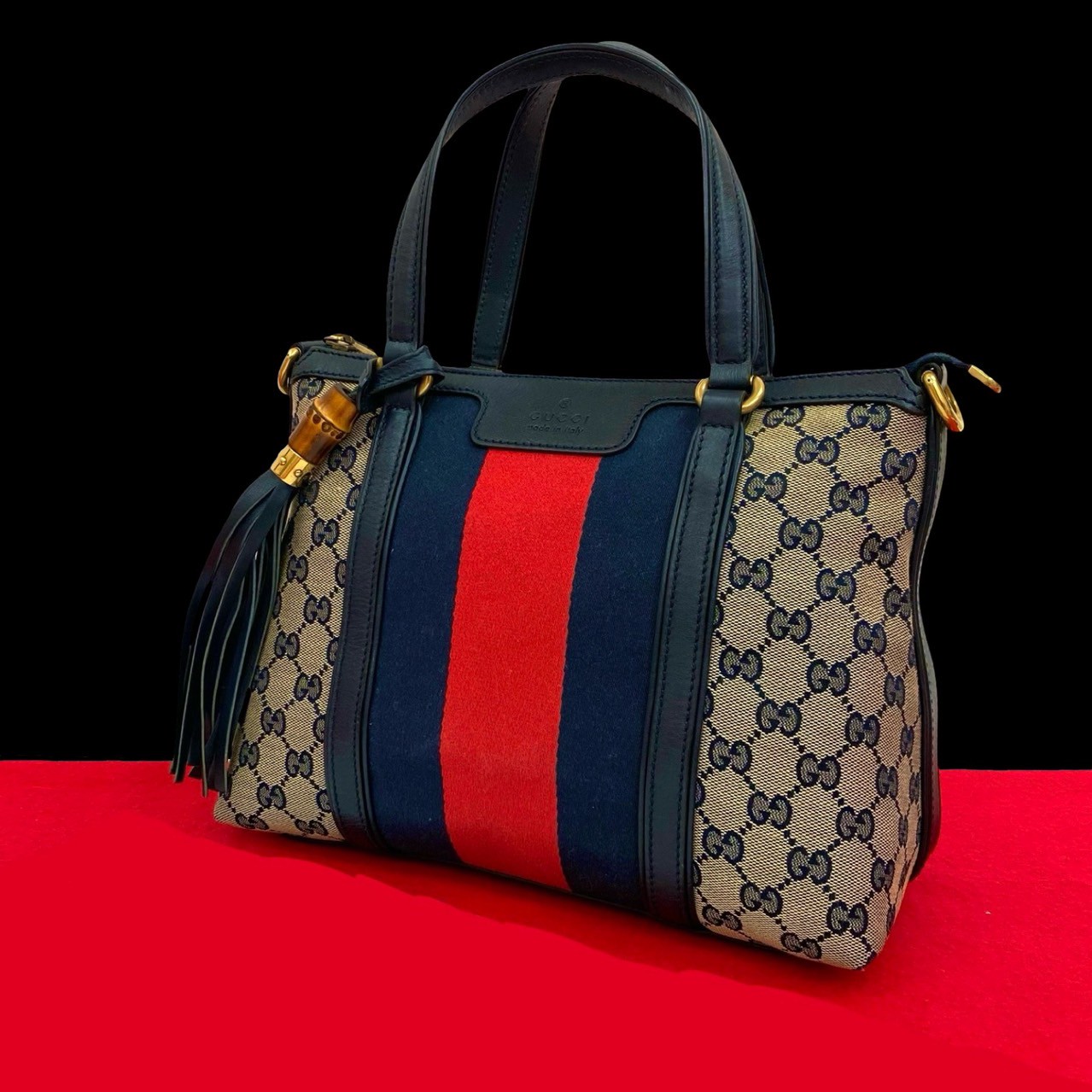 シェリーライン GG ロゴ 柄ハンドバッグ キャンバス レザー ネイビー 03971