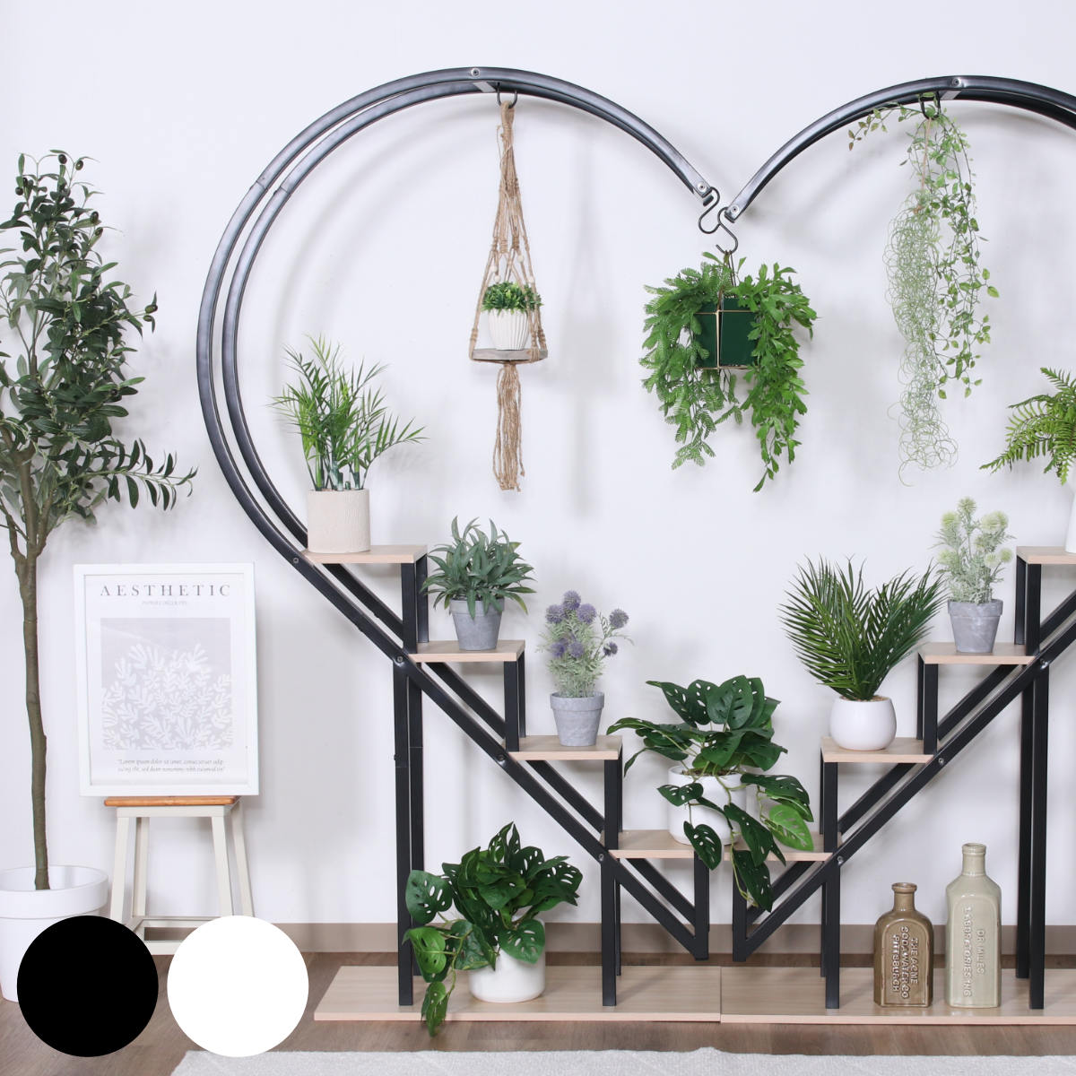 ディスプレイラック ハート型 幅95cm プランターラック ディスプレイ ラック シェルフ 棚 飾り棚 ハート フック付 花台 観葉植物 吊り下げ 収納 家具 什器 ショップ ホワイト