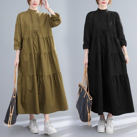【取寄:納期2週間】長袖ロングワンピース レディース ワンピース ロングスカート 無地 カジュアル お出掛け おしゃれ スタンドカラー Aライン ゆったり 体型カバー プルオーバー グリーン ブラック
