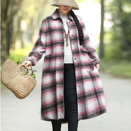 【取寄：納期2週間】コート レディース チェック柄 シャツワンピ 長袖コート レディース ロング丈 丸襟 かわいい コート ゆったり 大きいサイズ 体型カバー コート レディース チェック柄