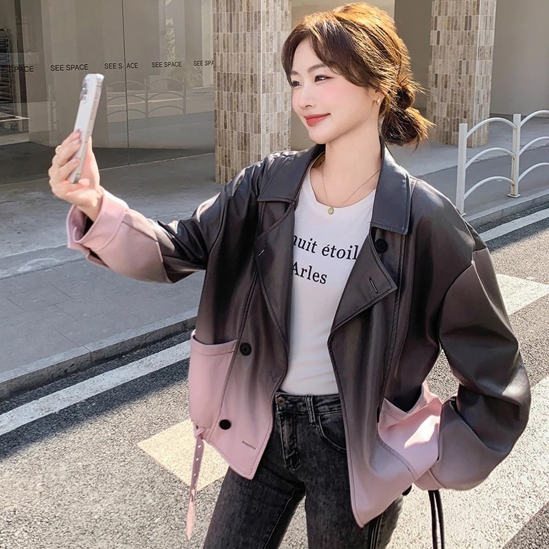 工ガ割-グラデーションカラースウィートクールスタイルPUレザージャケットコート25ニューアメリカンファンキーシンプルプチジャケットトップス