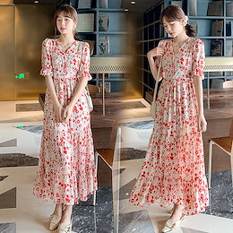 ワンピース レディース 40代 マキシワンピース 春夏 半袖ワンピース 花柄シフォン vネック フレアスカート ひざ下 オシャレ韓国風 大人上品 30代 結婚式ドレス