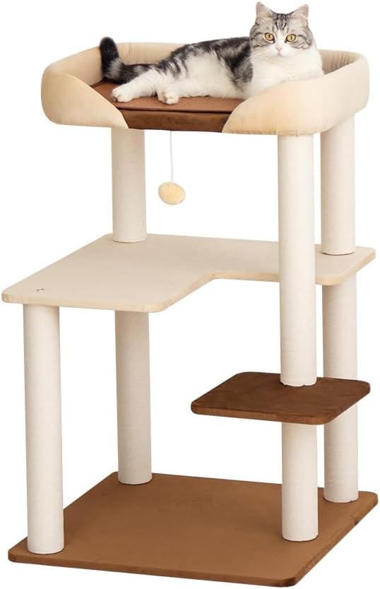 LULUCAT キャットタワー 据え置き おしゃれ 【販売元LULUCAT OFFICIAL】クッション詰めベッド 巨大土台 多頭飼い コンパクト シニア猫 冬夏兼用 夏用ござ付き 大型猫 安定感