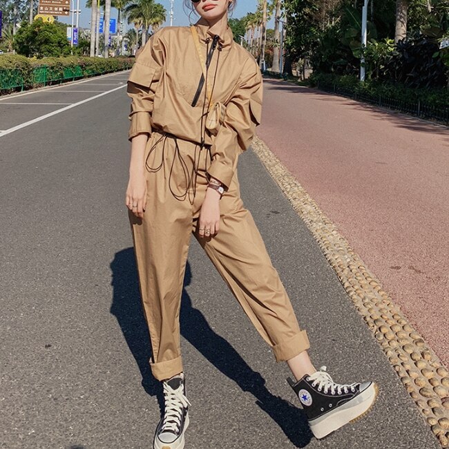 ジャンプスーツ レディース オーバーオール スポーツ 散歩 アウトドア カジュアル 無地 ハイウエスト ロングパンツ 長袖 カーキ ピンク 春 秋 10代 20代 30代 オールインワン ウエスタンス