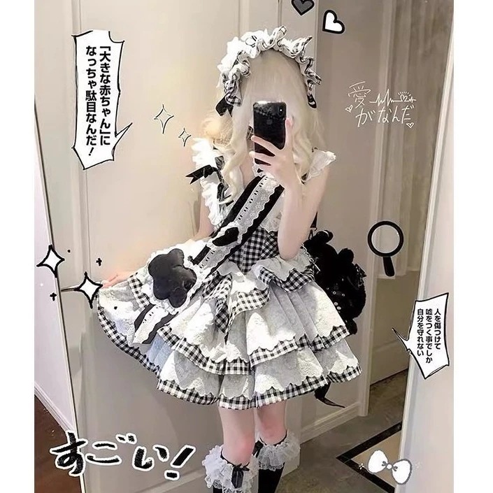 【急速発送】黒のロリータワンピースがキュートなポンポン姫スカート秋の万能アイテム