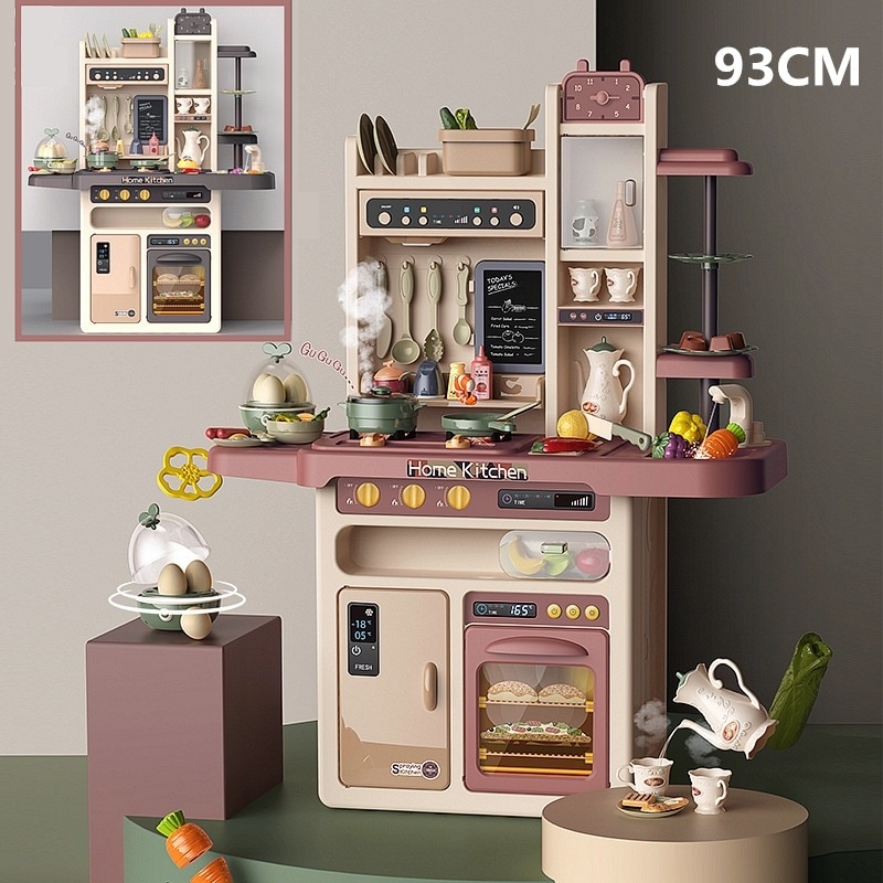 子供用93cm音と光のシミュレーション水スプレーキッチン調理食器テーブルままごとスチームおもちゃセット-8891 クールグレーブラウン 93.5cm（スプレー卵蒸し器光と音楽吐水機能付き） 4.
