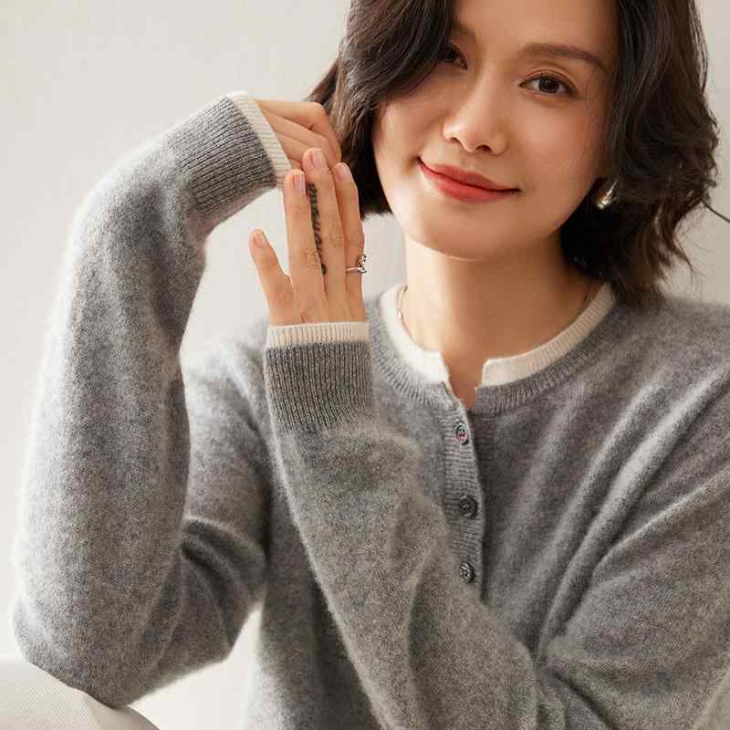 秋冬 コーデ レディース ファッション オシャレ 服 カワイイ シンプル 大人カワイイ 大きいサイズ ラウンドネック 長袖 セーター カラー ブロック ハーフ オープン プルオーバー ニット レイヤリ