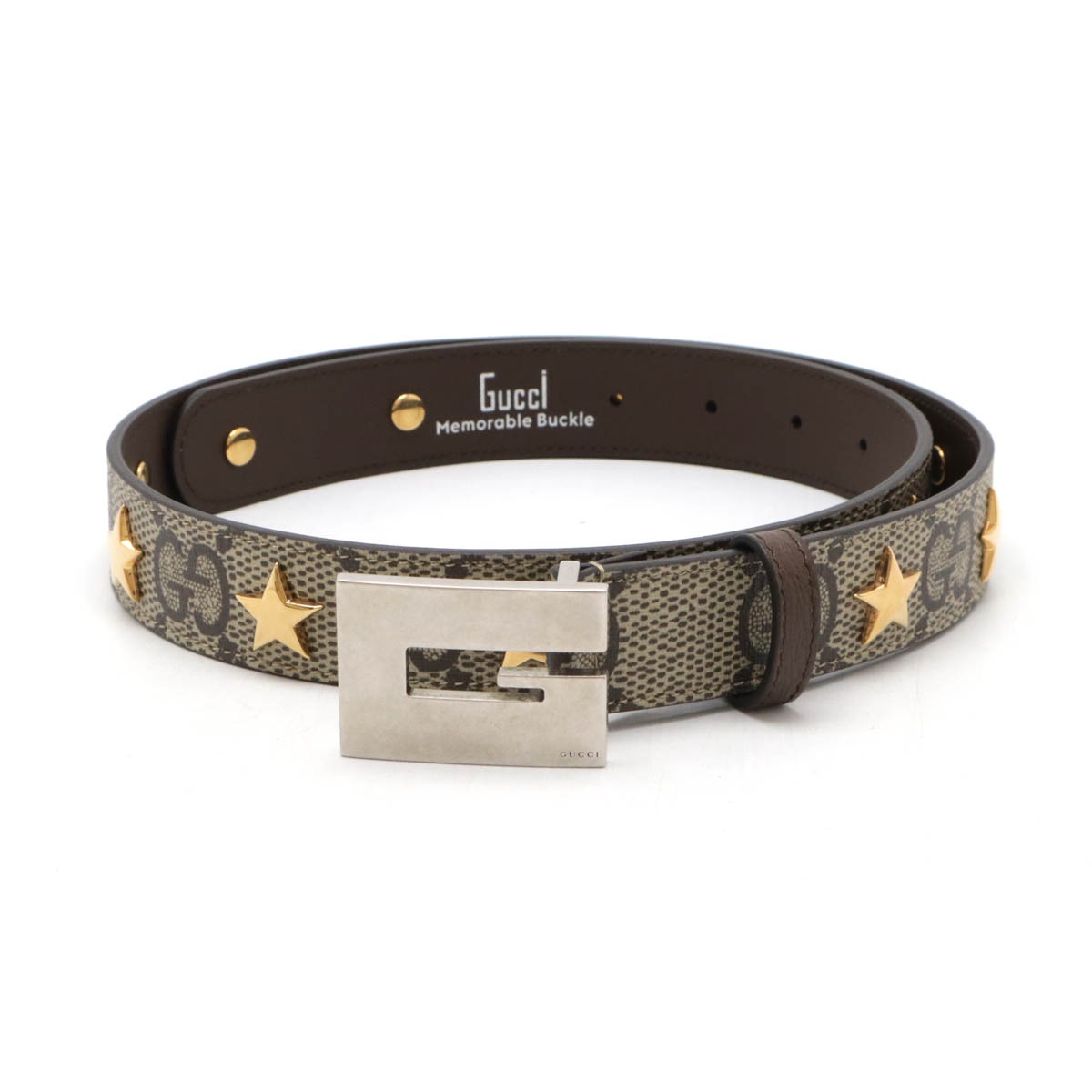 GGスプリーム Gスクエア Gバックル ベルト PVC レザー スタースタッズ ベージュ ダークブラウン #80 71009