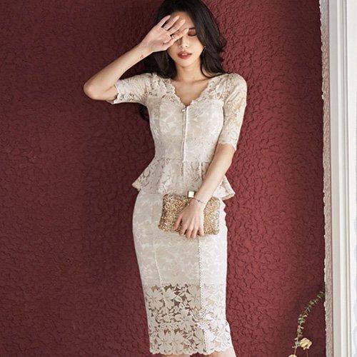 キャバドレス ナイトドレス ミディアムドレス セットアップ ツーピース ぺプラム ハイウエスト 五分袖 クラシカル フラワーレース 花柄 レディース グラシア